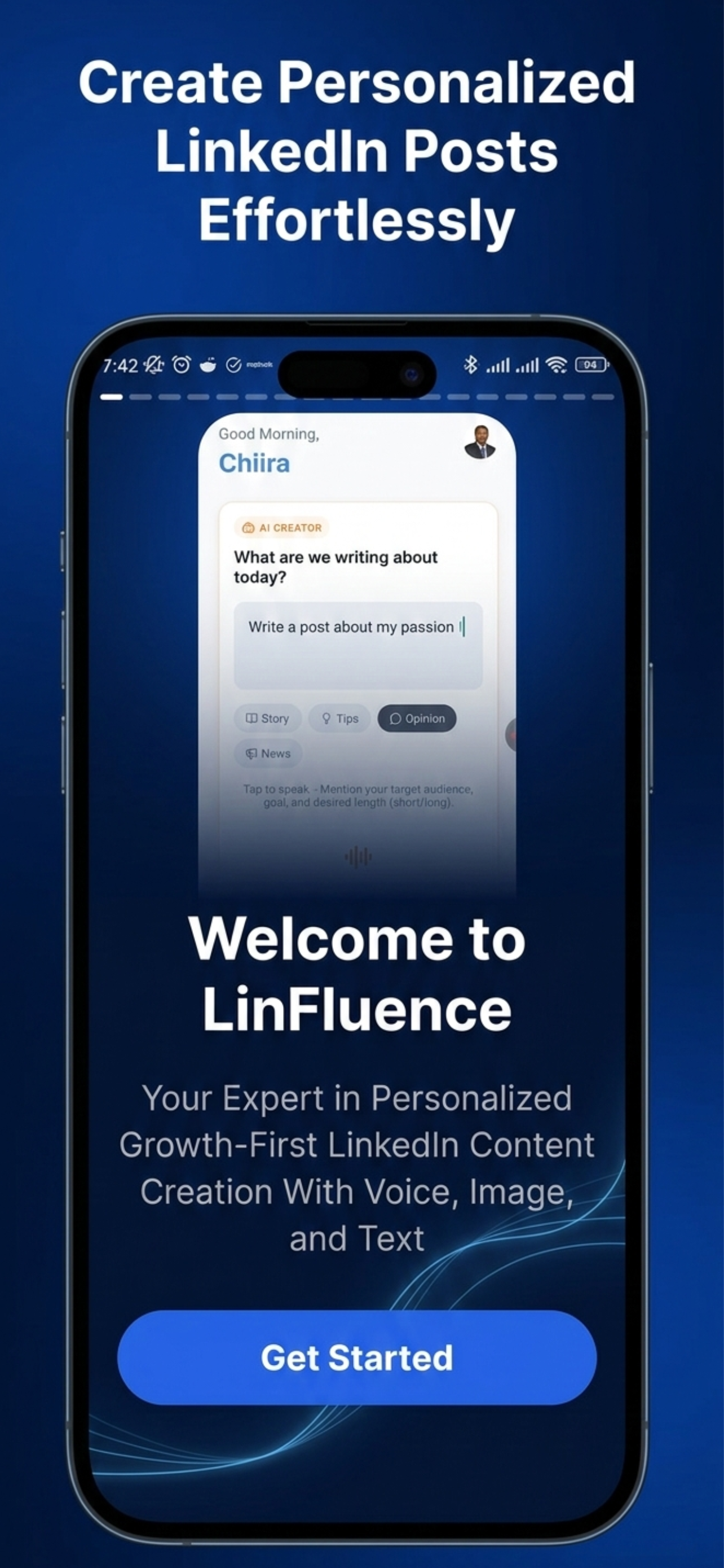 LinFluence mobile app welcome screen showing personalized LinkedIn onboarding experience